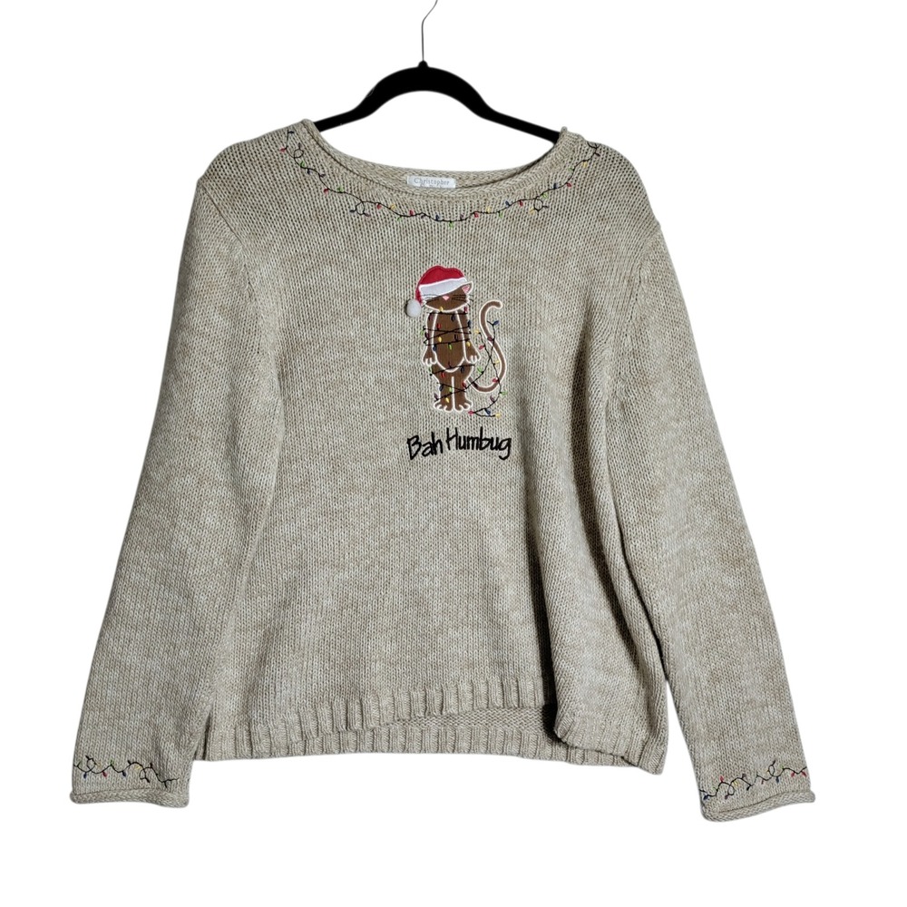 Christopher & Banks Womens XL Tan Christmas Cat Bah Humbug Knit Sweater